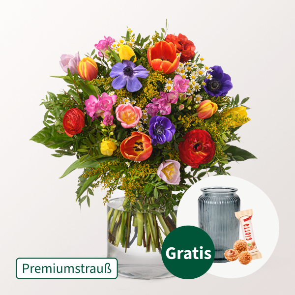 Premiumstrauß Blumenfreude mit Premiumvase & Ferrero Giotto 3er