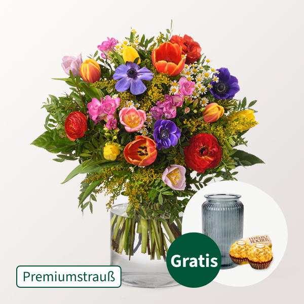 Premiumstrauß Blumenfreude mit Premiumvase & 2 Ferrero Rocher