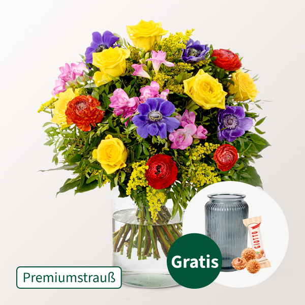 Premiumstrauß Blütenzauber mit Premiumvase & Ferrero Giotto 3er