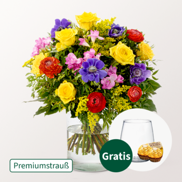 Premiumstrauß Blütenzauber mit Premiumvase & 2 Ferrero Rocher