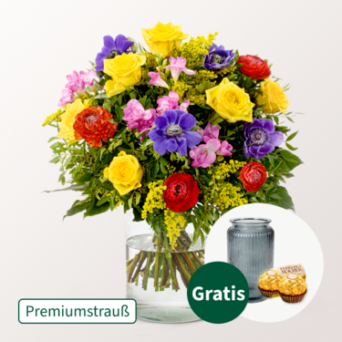 Premiumstrauß Blütenzauber mit Premiumvase & 2 Ferrero Rocher