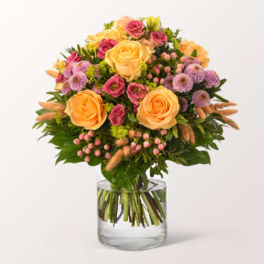 Premium Bouquet Frühlingskind mit Premium Vase & 3 Ferrero Giotto