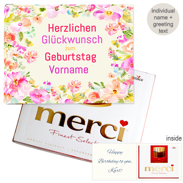 Personal greeting card with Merci: Herzlichen Glückwunsch zum Geburtstag "Vorname" (250g)