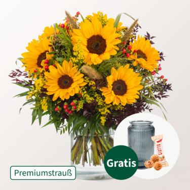 Premiumstrauß Herbstlicht mit Premiumvase & Ferrero Giotto 3er