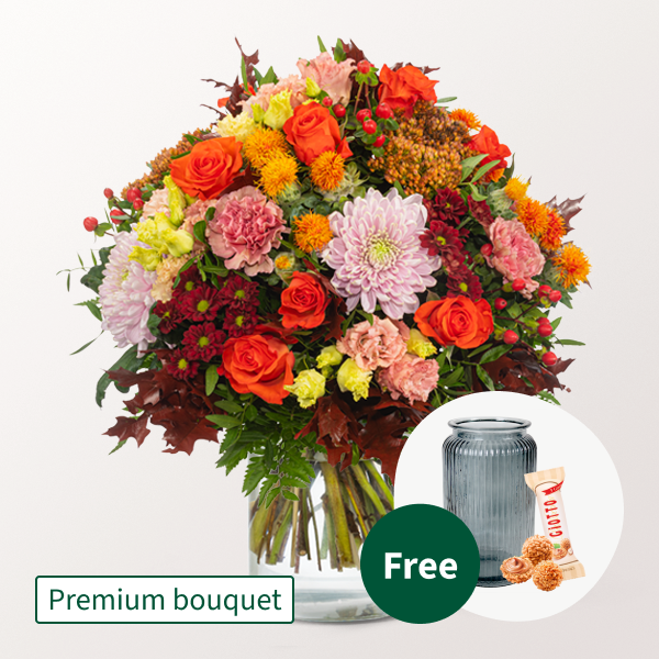 Premium Bouquet Leuchtfeuer with Premium Vase & 3 Ferrero Giotto