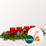 Rotes längliches Adventsgesteck mit Ferrero Giotto 3er