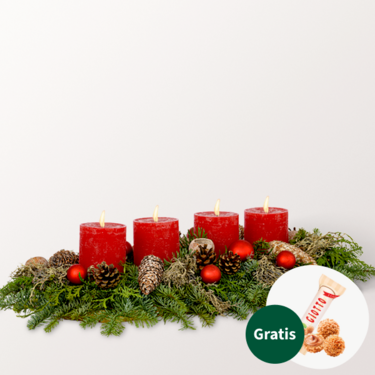 Rotes längliches Adventsgesteck mit Ferrero Giotto 3er