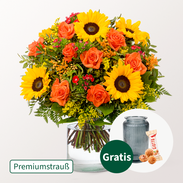 Premiumstrauß Herbstfarben mit Premiumvase & Ferrero Giotto 3er