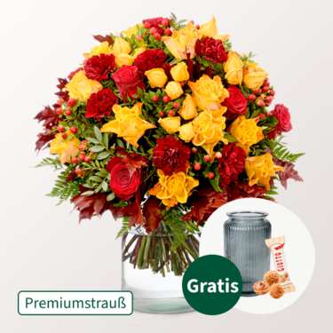 Premiumstrauß Herbstfeuer mit Premiumvase & Ferrero Giotto 3er