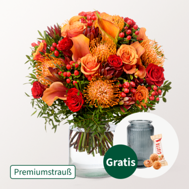 Premiumstrauß Herbstblüte mit Premiumvase & Ferrero Giotto 3er