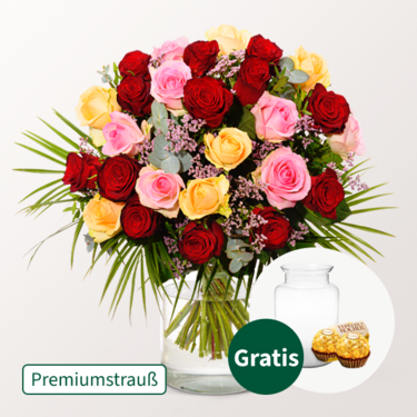 Premiumstrauß Rosenfest mit Premiumvase & 2 Ferrero Rocher