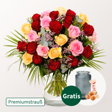 Premiumstrauß Rosenfest mit Premiumvase & Ferrero Giotto 3er