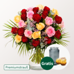 Premiumstrauß Rosenfest mit Premiumvase & 2 Ferrero Rocher