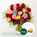 Premium Bouquet Rosenfest with premium vase & 2 Ferrero Rocher