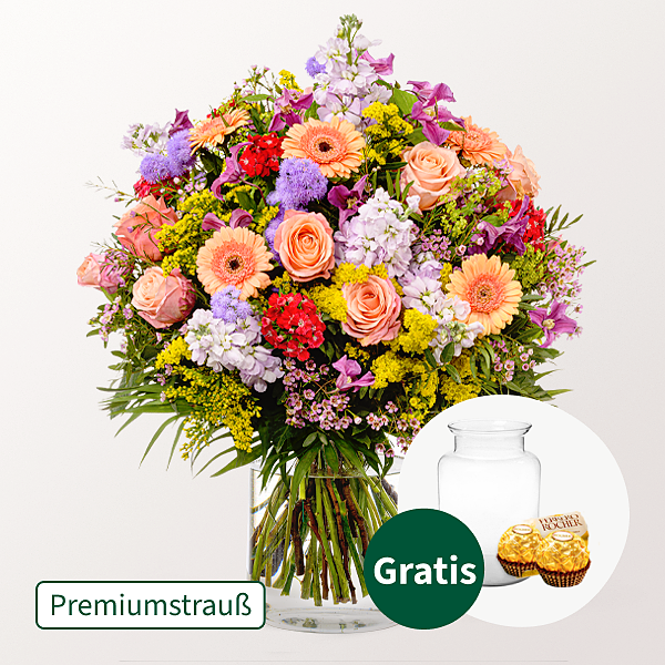 Premiumstrauß Blütensensation mit Premiumvase & 2 Ferrero Rocher