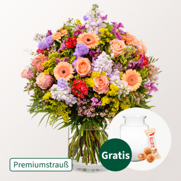 Premiumstrauß Blütensensation mit Premiumvase & Ferrero Giotto 3er