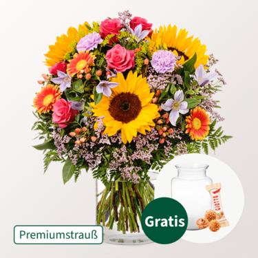 Premiumstrauß Farbenfreude mit Premiumvase & Ferrero Giotto 3er