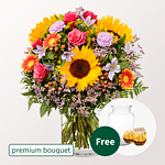 Premium Bouquet Farbenfreude with premium vase & 2 Ferrero Rocher