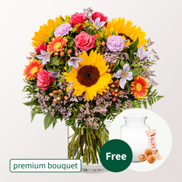 Premium Bouquet Farbenfreude with premium vase & 3 Ferrero Giotto