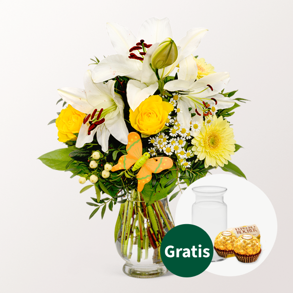 Blumenstrauß Sonnengelb mit Vase & 2 Ferrero Rocher
