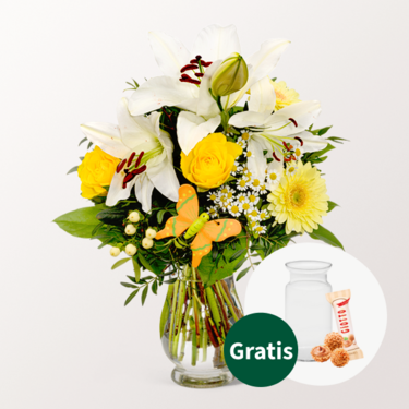 Blumenstrauß Sonnengelb mit Vase & Ferrero Giotto 3er