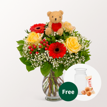 Flower Bouquet Herzensbote with vase & 3 Ferrero Giotto