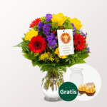 Sternzeichen-Blumenstrauß Löwe mit Vase & 2 Ferrero Rocher & Sternzeichen-Blumenstecker „Löwe“