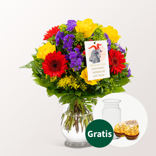 Sternzeichen-Blumenstrauß Steinbock mit Vase & 2 Ferrero Rocher & Blumenstecker