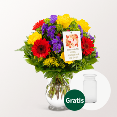 Sternzeichen-Blumenstrauß Fische mit Vase & Blumenstecker