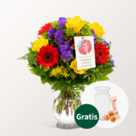 Sternzeichen-Blumenstrauß Jungfrau mit Vase & Sternzeichen-Blumenstecker „Jungfrau“ & Ferrero Giotto 3er