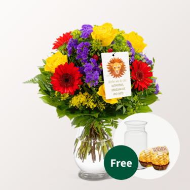 Zodia Sign Flower Bouquet Leo with vase & 2 Ferrero Rocher & Zodiac Sign Flowercard „Leo“