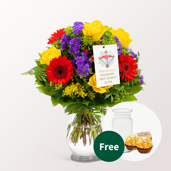 Zodia Sign Flower Bouquet Sagittarius with vase & 2 Ferrero Rocher & Zodiac Sign Flowercard