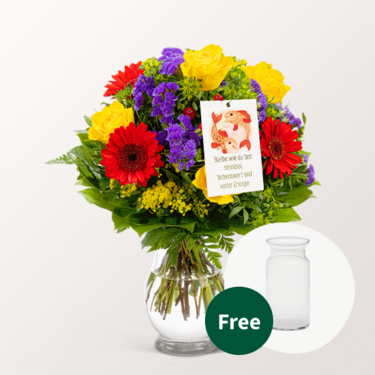 Zodia Sign Flower Bouquet Pisces with vase & Zodiac Sign Flowercard