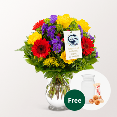 Zodia Sign Flower Bouquet Scorpio with vase & Zodiac Sign Flowercard & 3 Ferrero Giotto