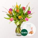 10 Papageientulpen mit Weidenkätzchen mit Vase & Ferrero Giotto 3er