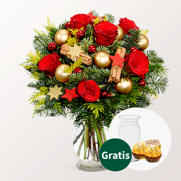 Blumenstrauß Weihnachtsmix mit Vase & 2 Ferrero Rocher