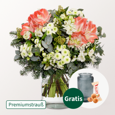 Premiumstrauß Winterliebe mit Premiumvase & Ferrero Giotto 3er