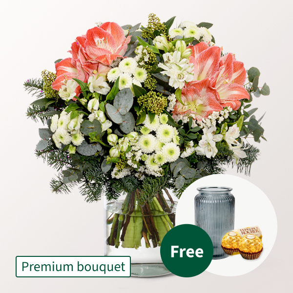 Premium Bouquet Winterliebe with Premium Vase & 2 Ferrero Rocher