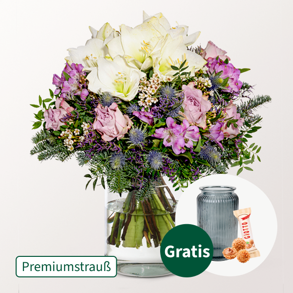 Premiumstrauß Winterhauch mit Premiumvase & Ferrero Giotto 3er