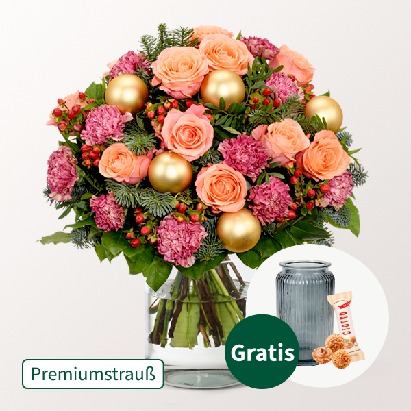 Premiumstrauß Winterzauber mit Premiumvase & Ferrero Giotto 3er