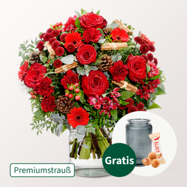 Premiumstrauß Weihnachtsromanze mit Premiumvase & Ferrero Giotto 3er