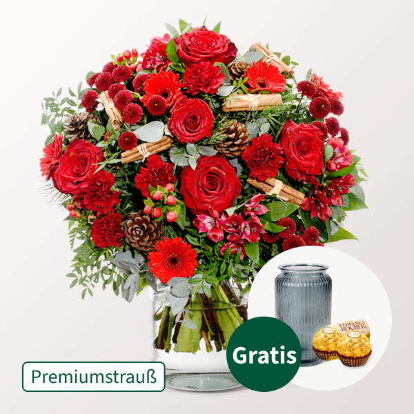 Premiumstrauß Weihnachtsromanze mit Premiumvase & 2 Ferrero Rocher