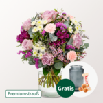 Premiumstrauß Traumhaft mit Premiumvase & Ferrero Giotto 3er