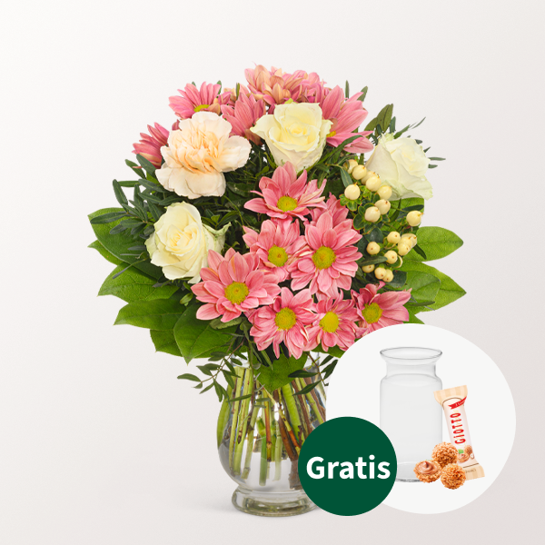 Blumenstrauß Frühlingsmorgen mit Vase & Ferrero Giotto 3er