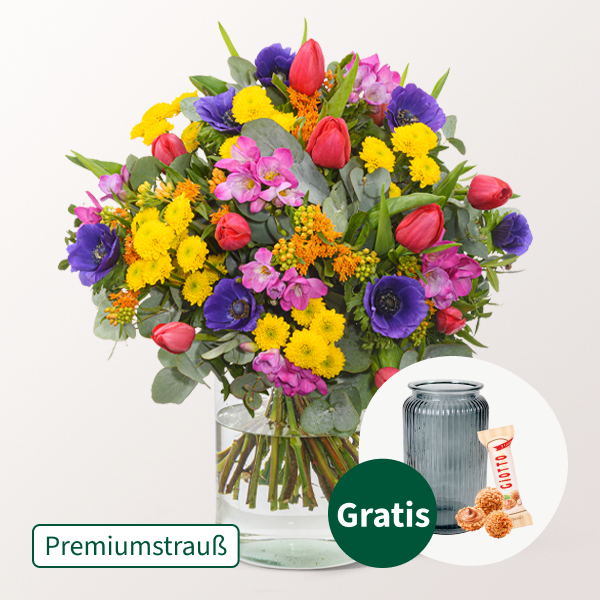 Premiumstrauß Lebensfreude mit Premiumvase & Ferrero Giotto 3er