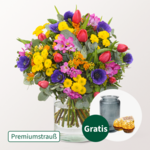 Premiumstrauß Lebensfreude mit Premiumvase & 2 Ferrero Rocher