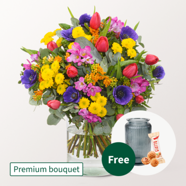 Premium Bouquet Lebensfreude with Premium Vase & 3 Ferrero Giotto