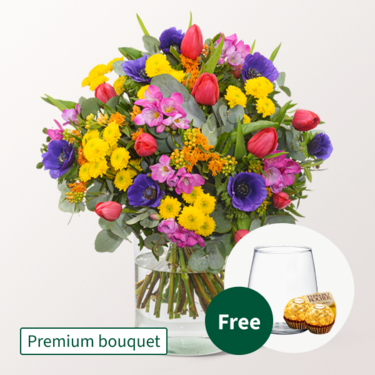 Premium Bouquet Lebensfreude with Premium Vase & 2 Ferrero Rocher