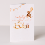 Motif card „Zum Baby alles Gute“ with attached wooden heart