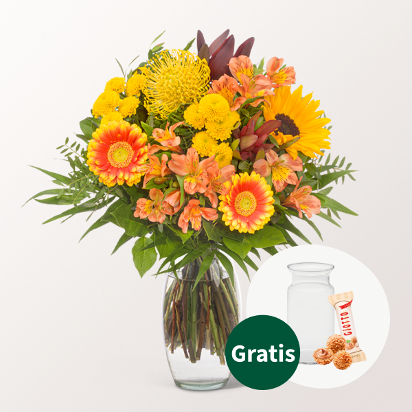 Blumenstrauß Sonnenbad mit Vase & Ferrero Giotto 3er